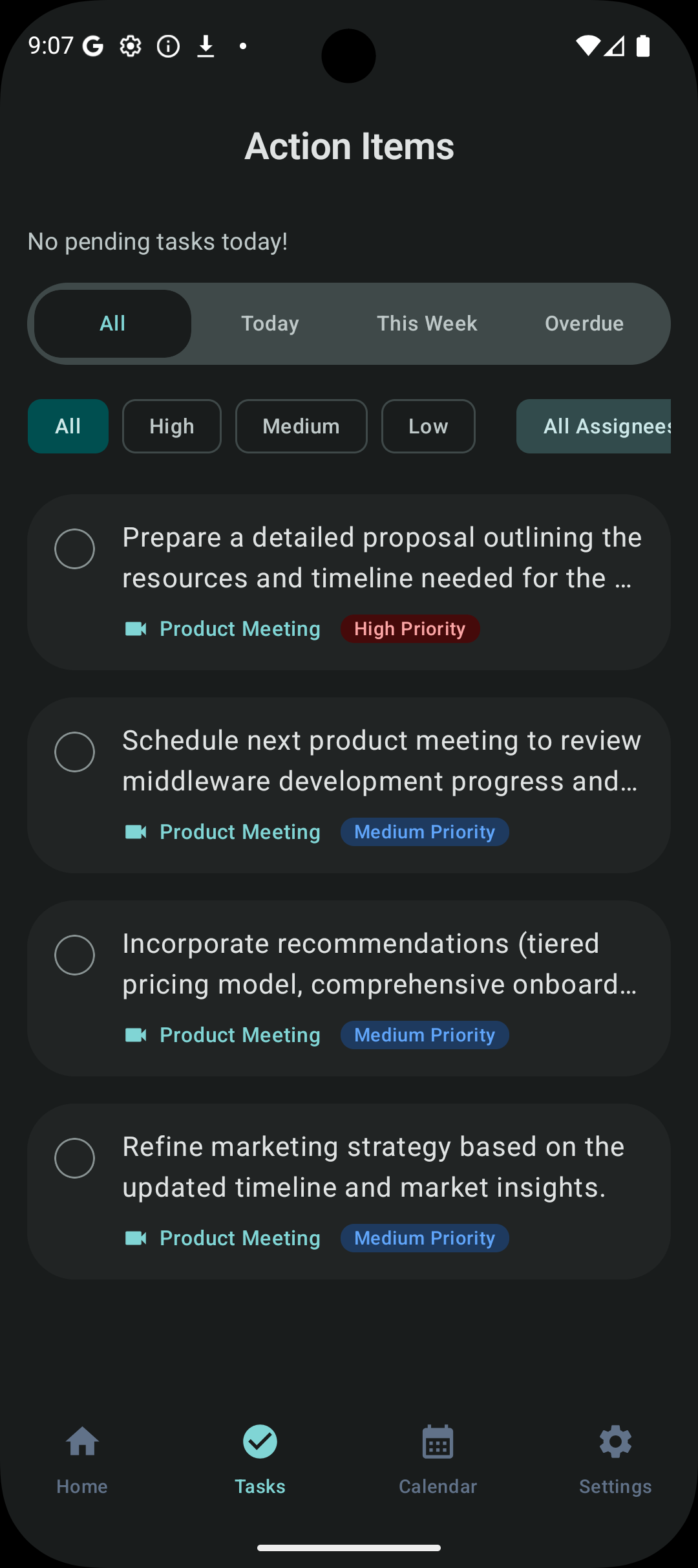 Nexnote action items dashboard