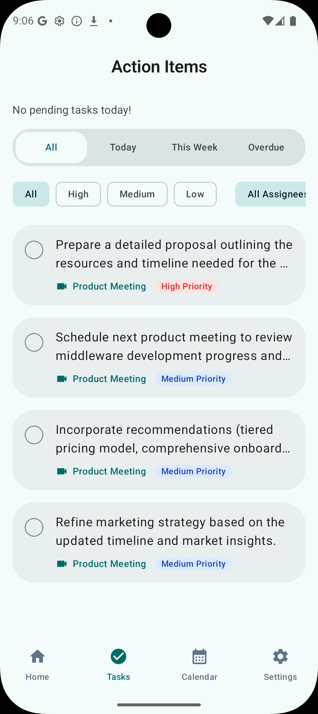 Nexnote action items dashboard